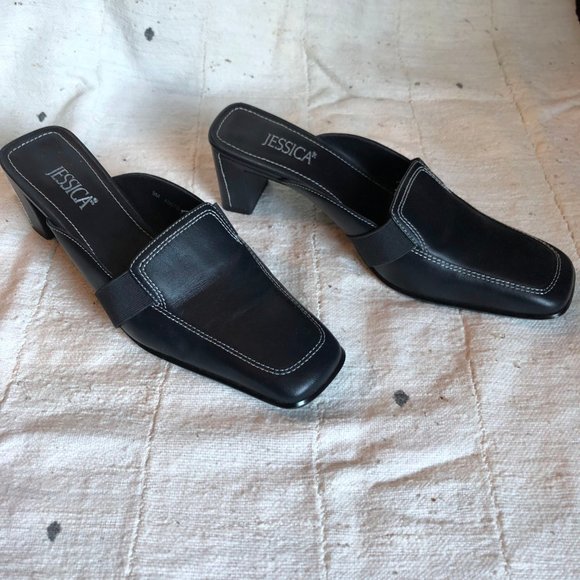 Jessica Navy Leather Square-Toe Shoes Block Heel Mules, Size US 9 - Picture 4 of 8